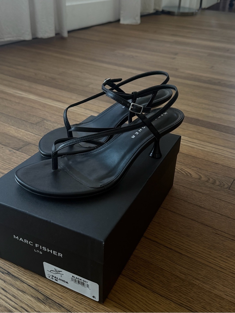 Marc Fisher Black Strappy Thong Kitten Heel Sandals